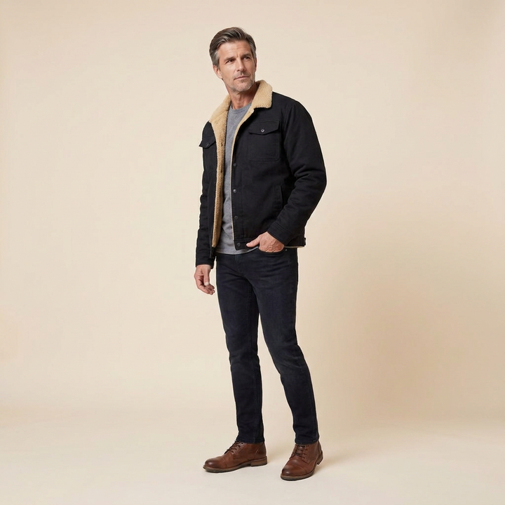 Travis bomber jacket black three-quarter pose on model
