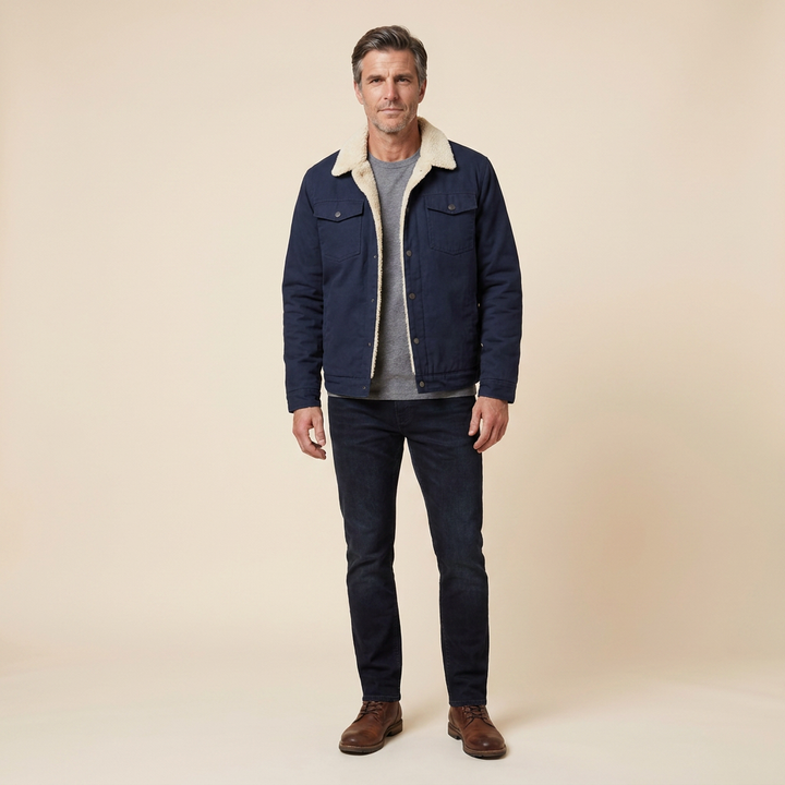 Travis bomber jacket navy blue front on model