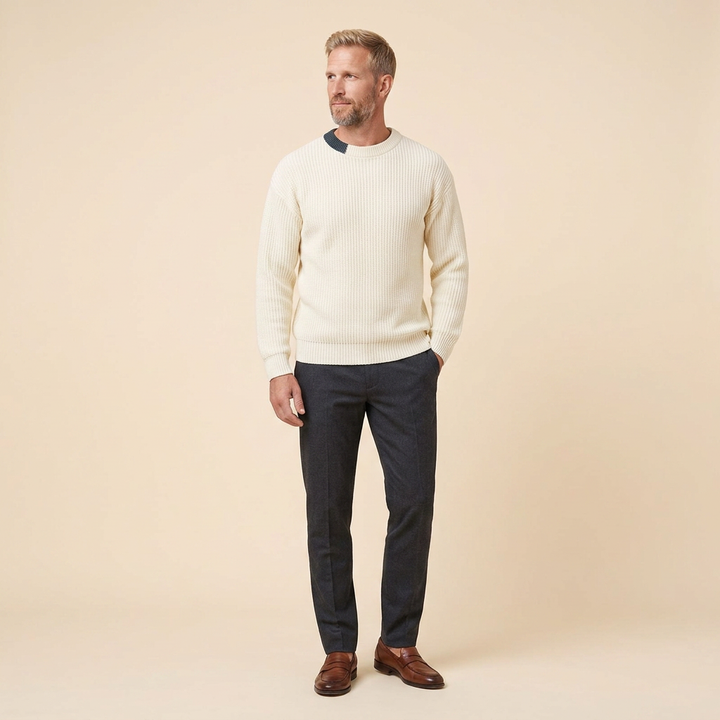 Harrison knit sweater beige three-quarter pose on model