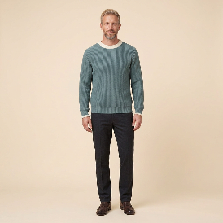 Harrison knit sweater grey green front on model