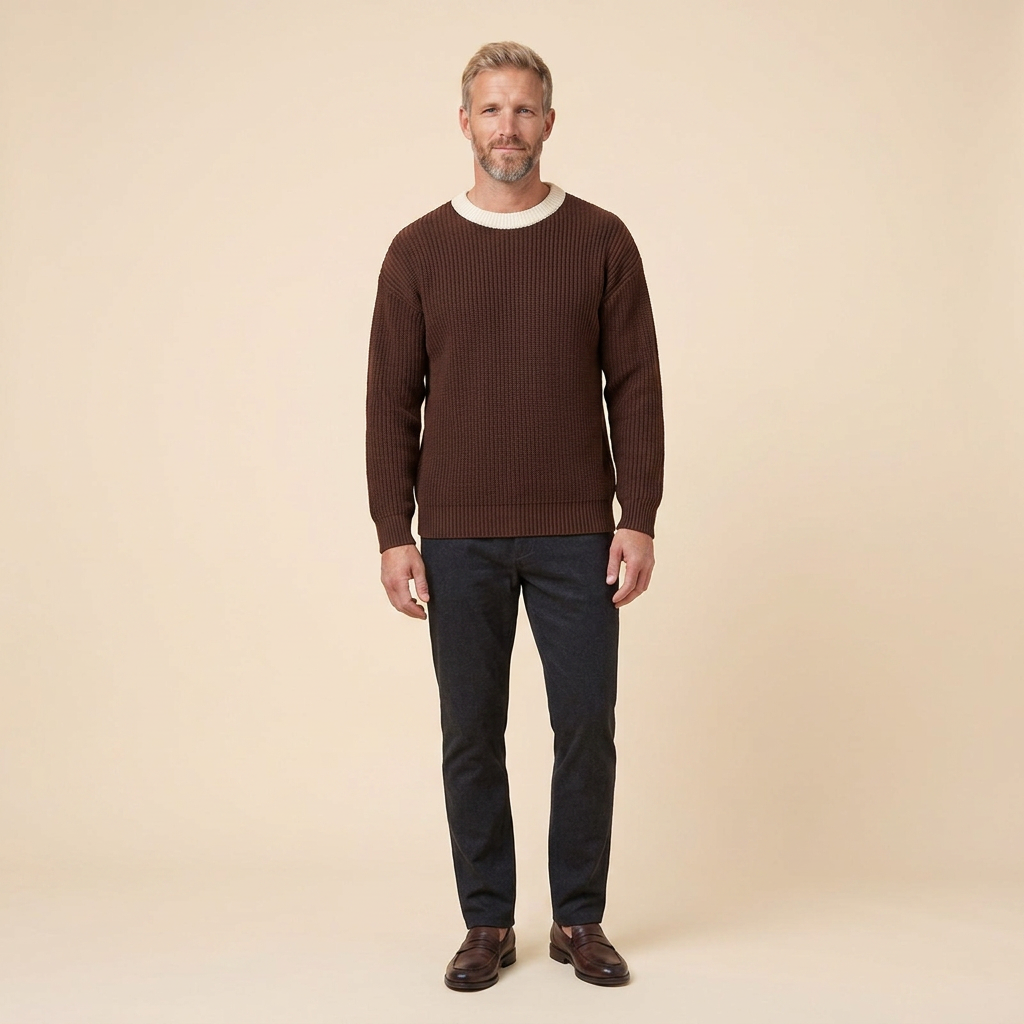 Harrison knit sweater dark brown front on model