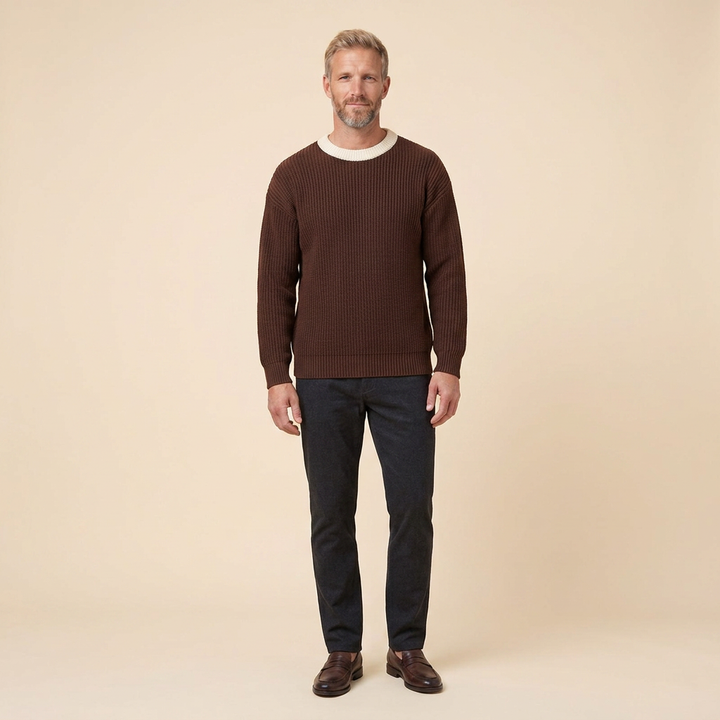 Harrison knit sweater dark brown front on model