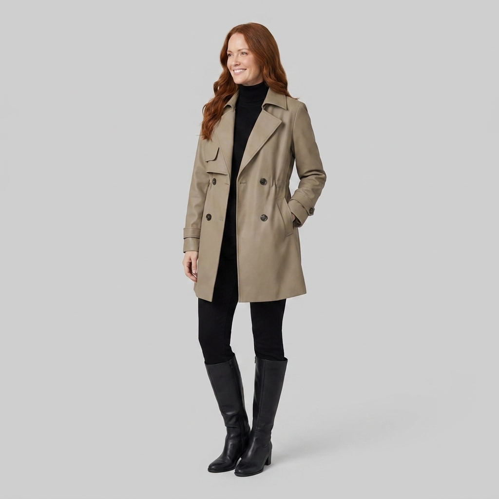 Trench coat khaki three-quarter pose on model