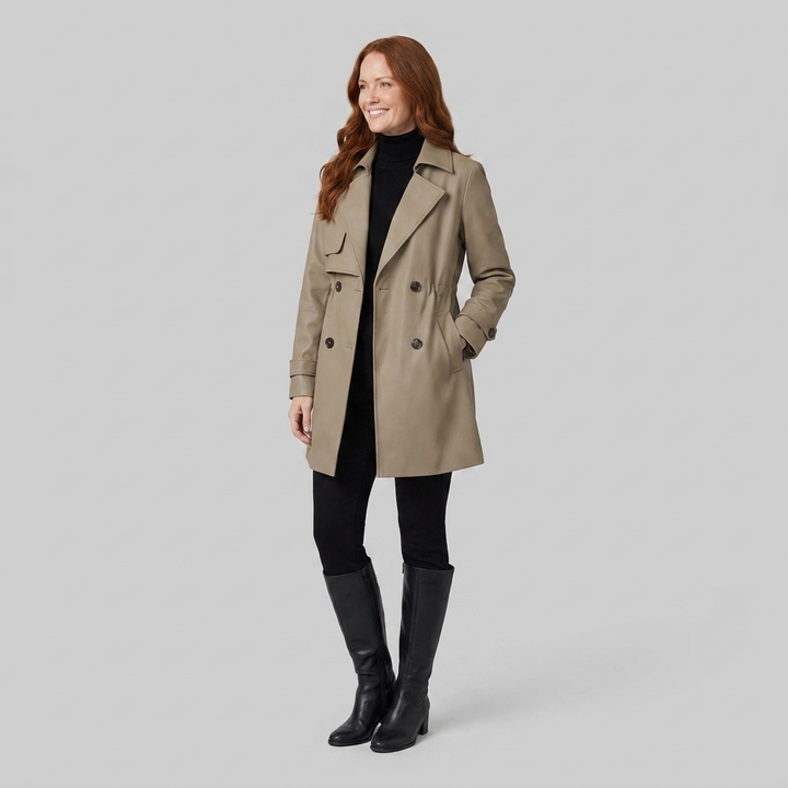 Trench coat khaki three-quarter pose on model