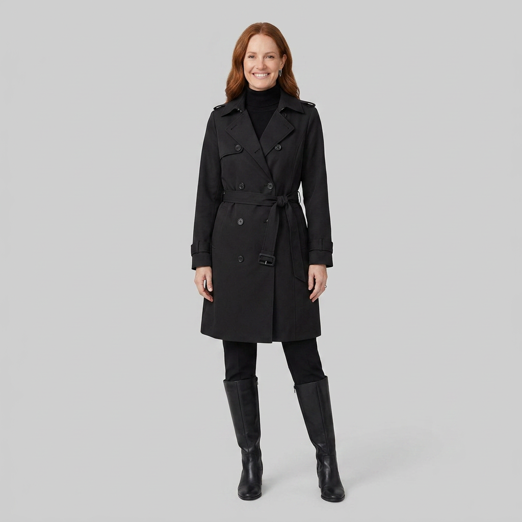 Trench coat black front on model