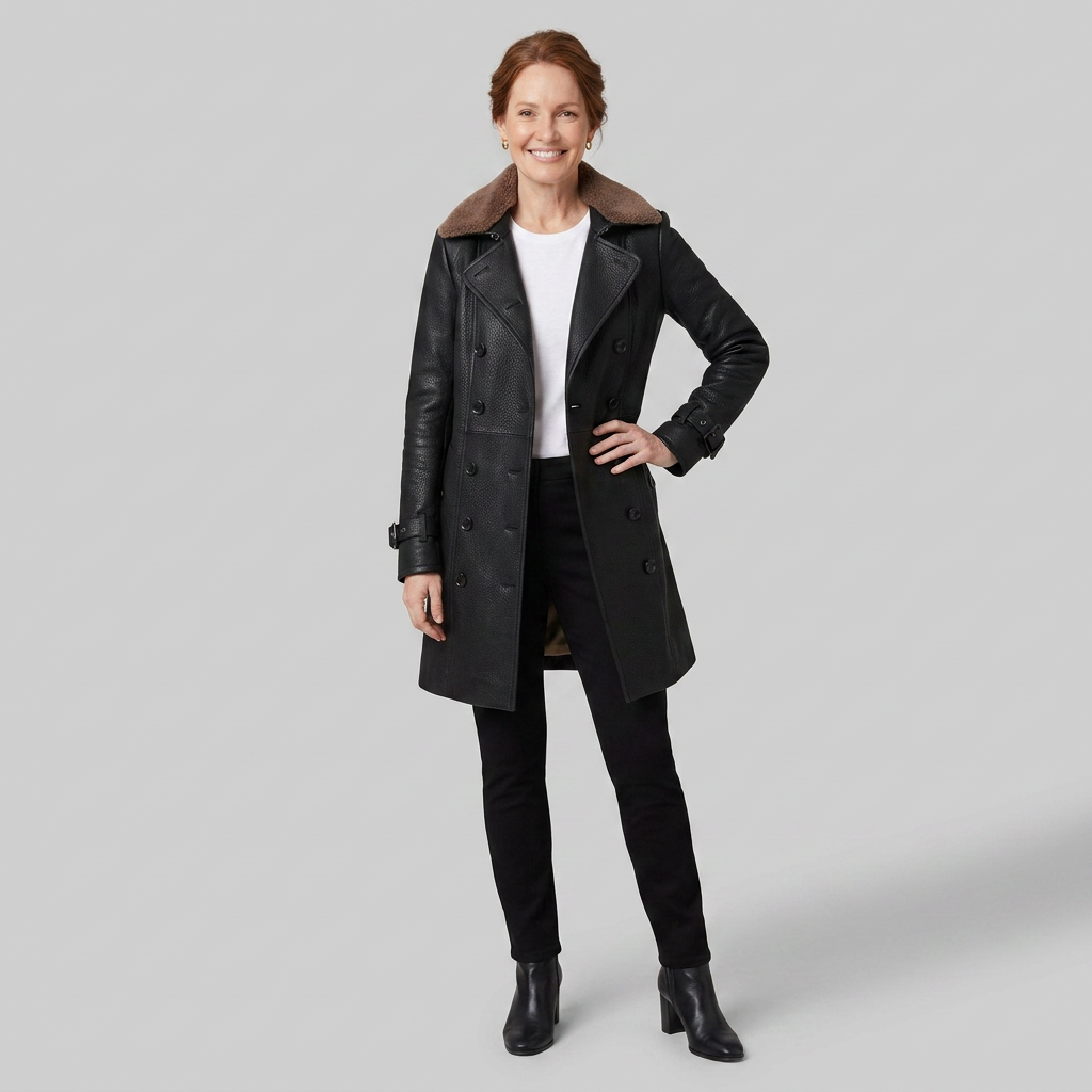 Elysian leather coat pose