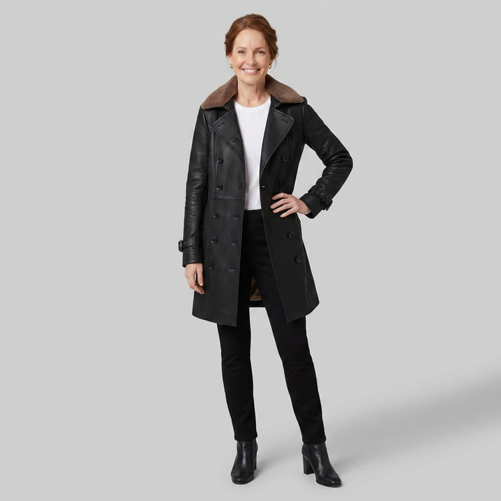 Elysian leather coat pose