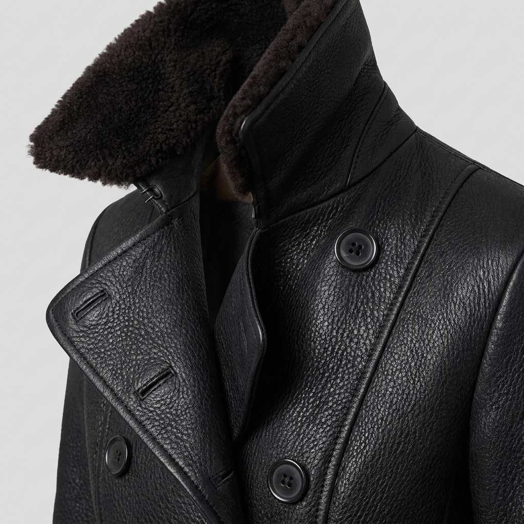 Elysian leather coat collar detail