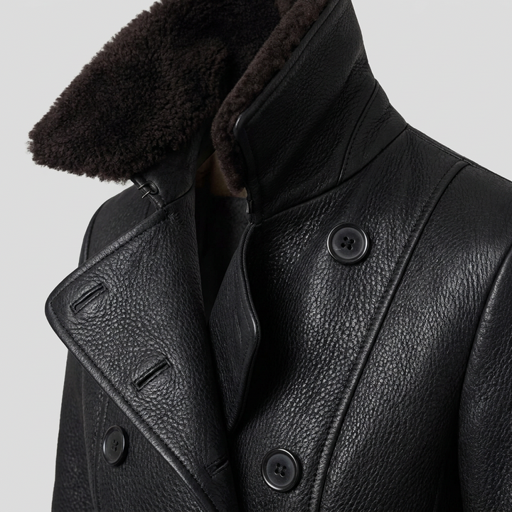 Elysian leather coat collar detail