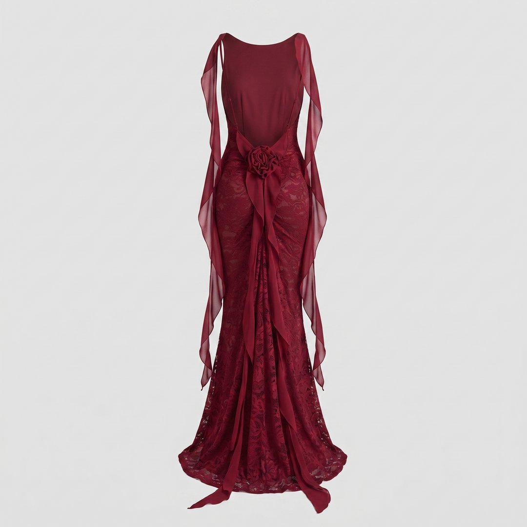 Rosette lace mermaid gown product flat lay