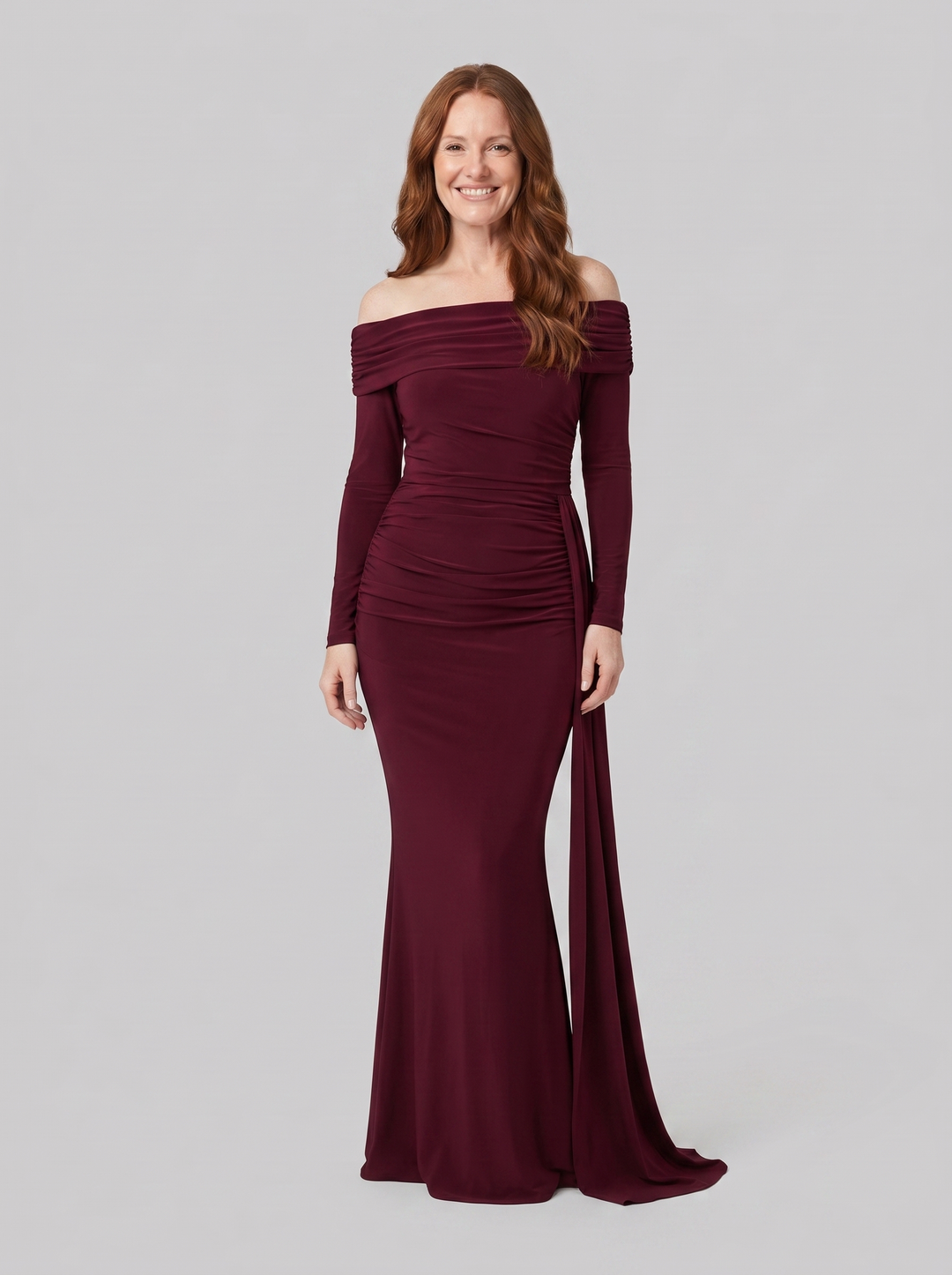 Evangeline off-shoulder ruched gown burgundy front
