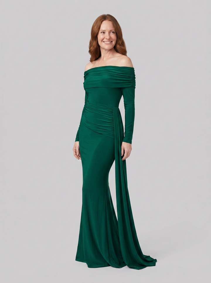 Evangeline off-shoulder ruched gown green