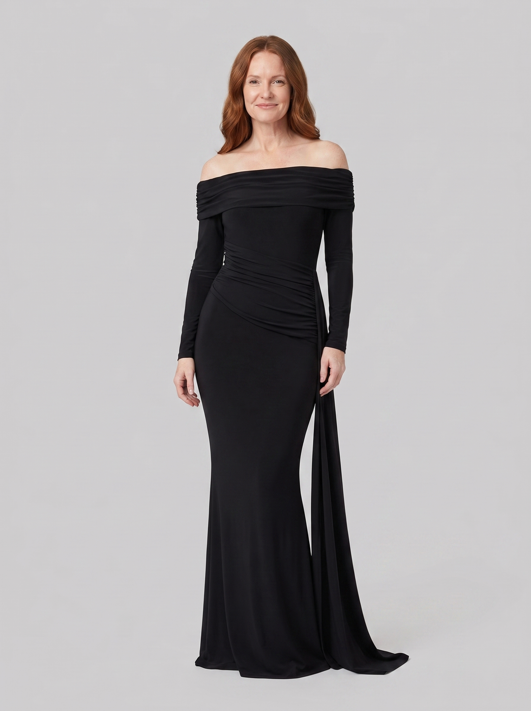 Evangeline off-shoulder ruched gown black