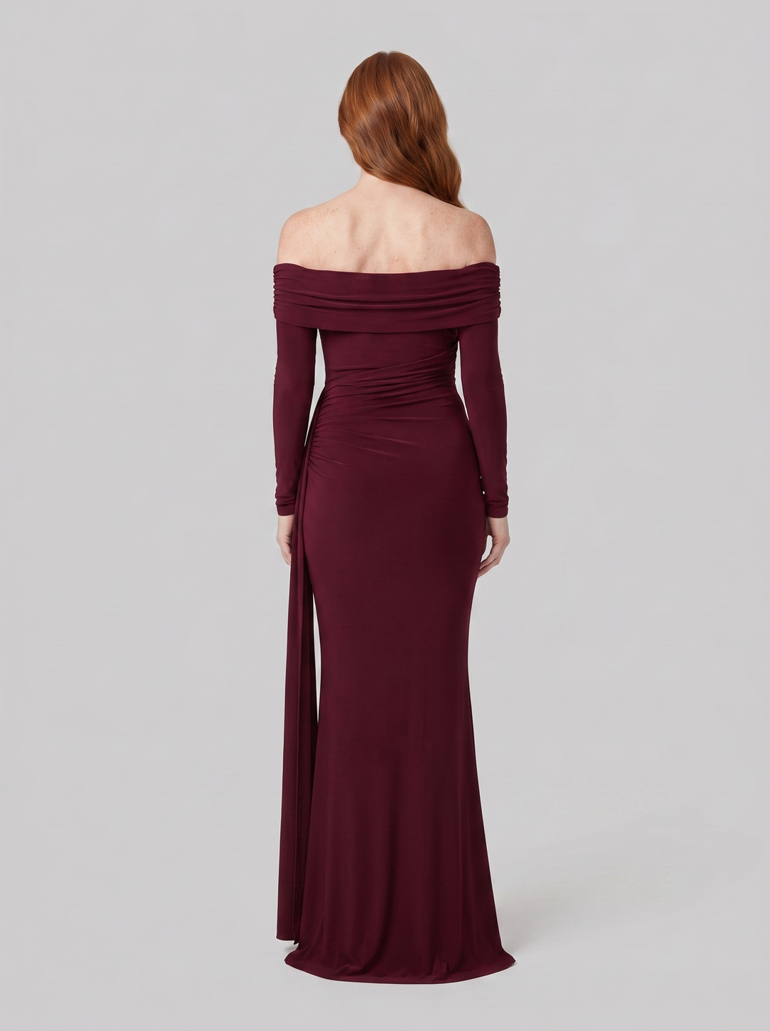 Evangeline off-shoulder ruched gown burgundy back