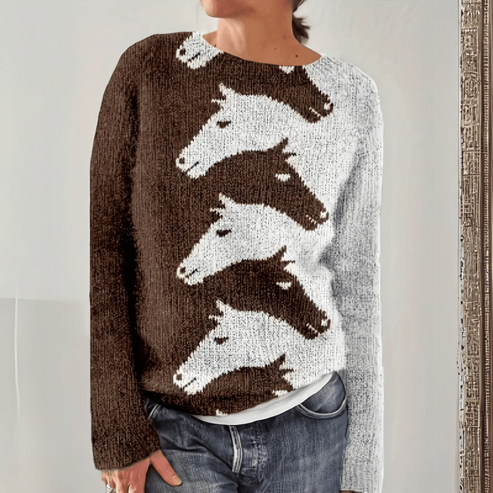 Cozy Horsley Knit Sweater featuring a playful horse pattern design, perfect for fall and winter wear. - 1