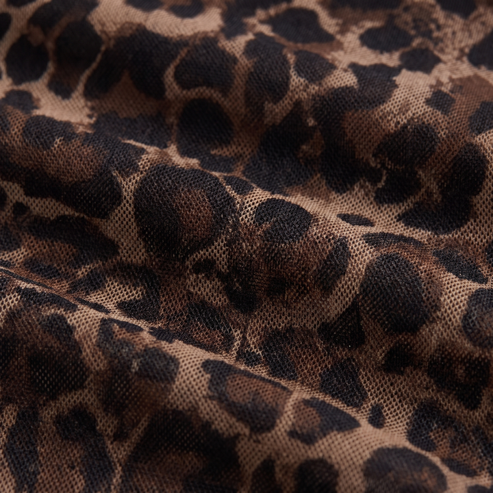 Valentina gown leopard print stretch mesh fabric close-up