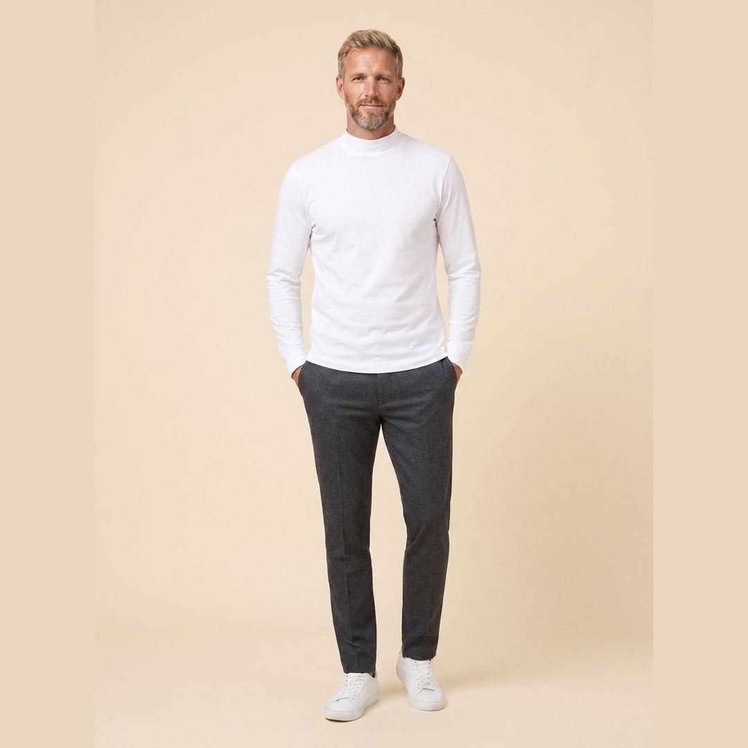 Maverick white long sleeve tee front relaxed pose