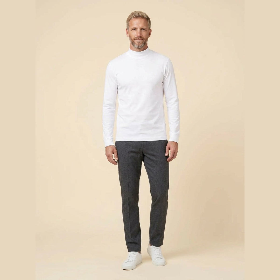 Maverick white mock-neck long sleeve t-shirt front view