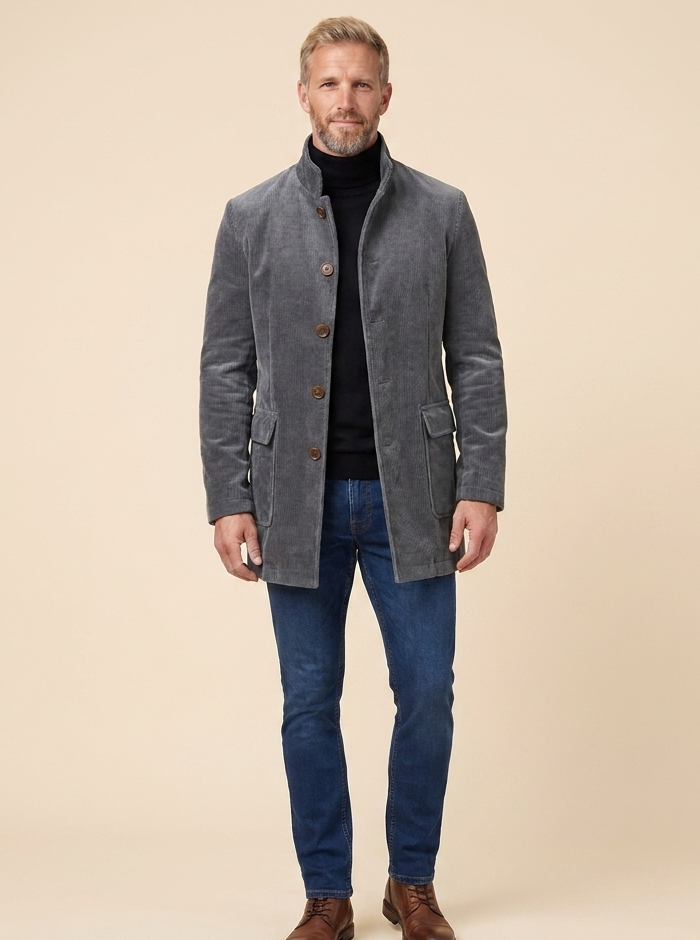 Men's grey corduroy coat, full length