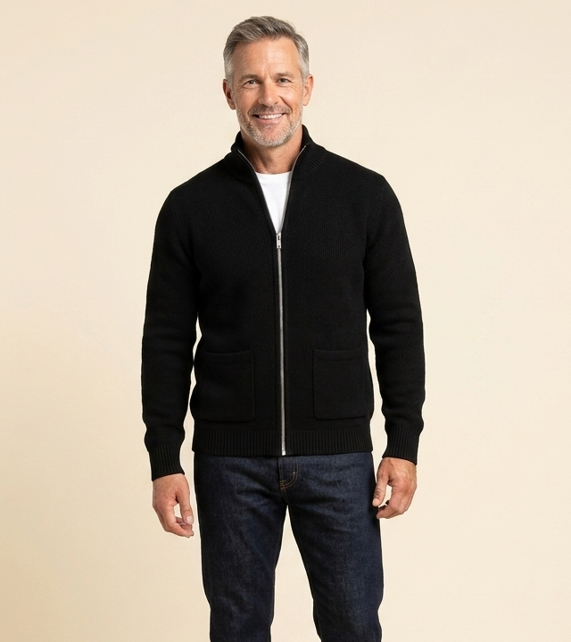 Men's full-zip cardigan sweater in black, close-up