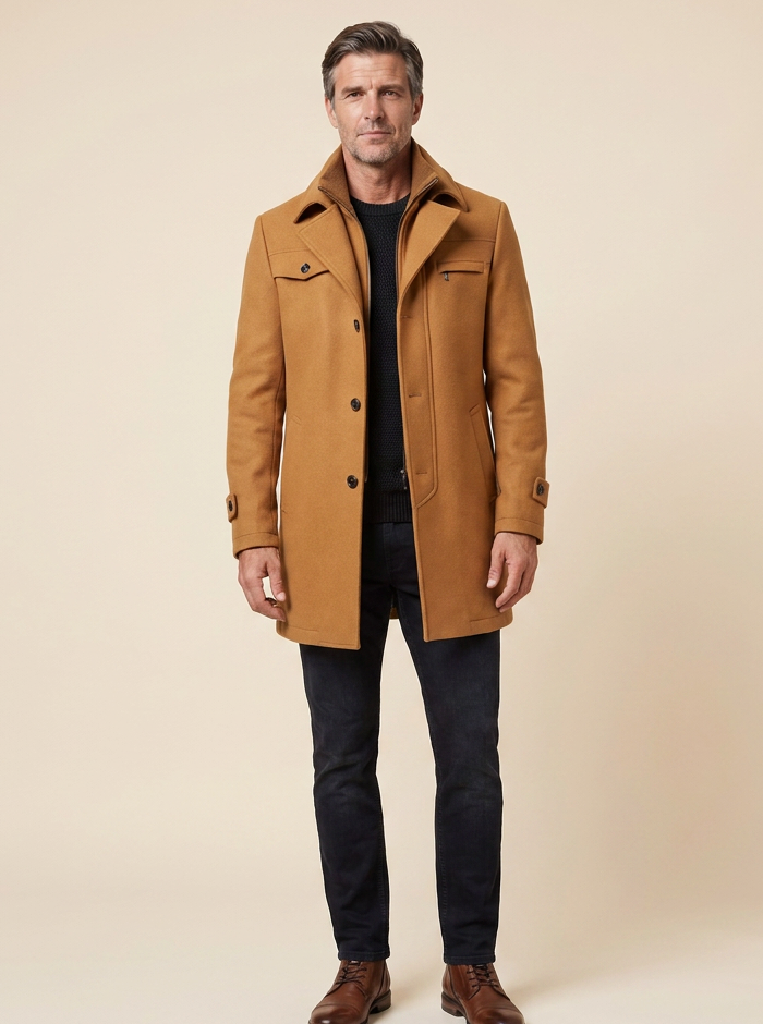 Men's brown wool overcoat, full length