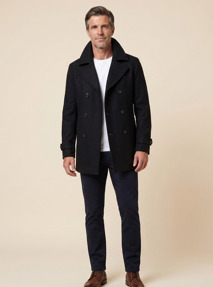 Men's black peacoat, full length