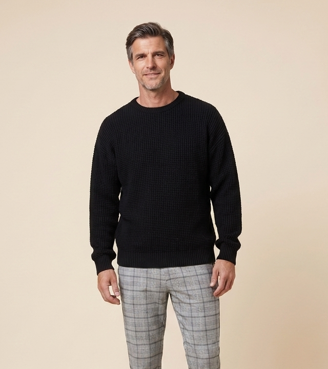 Men's textured knit sweater in black, close-up