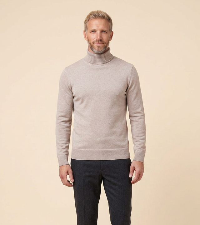 Men's fine-knit turtleneck sweater in taupe, close-up