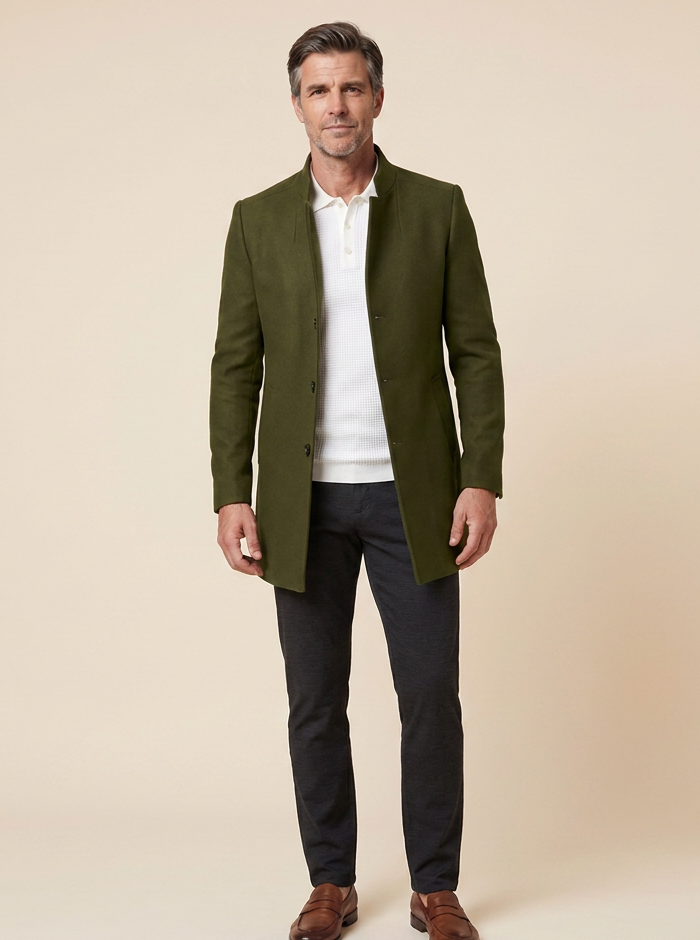 Men's olive wool coat, full length