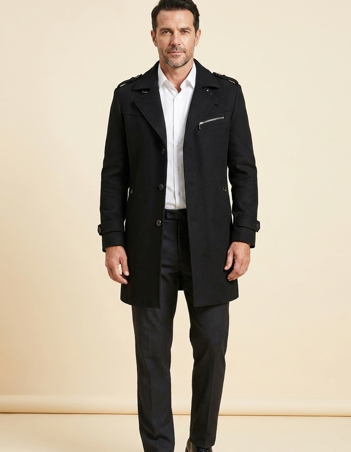 Men's black wool overcoat, close-up