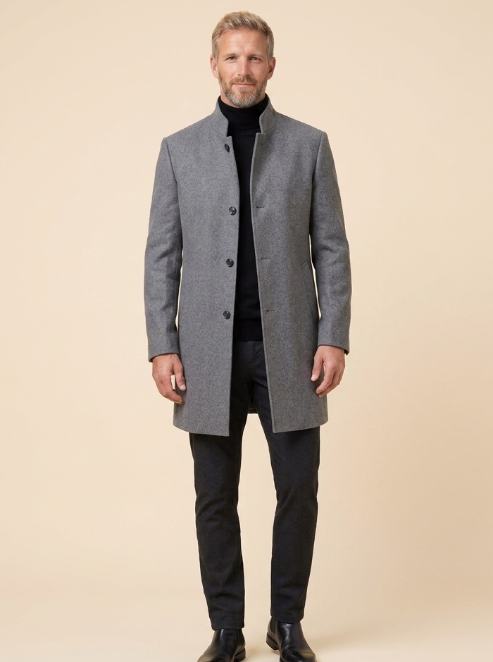 Men's grey wool overcoat, full length
