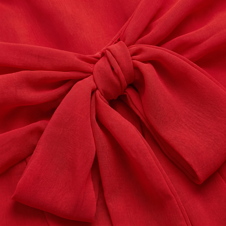 Scarlet Muse mini dress red chiffon bow close-up