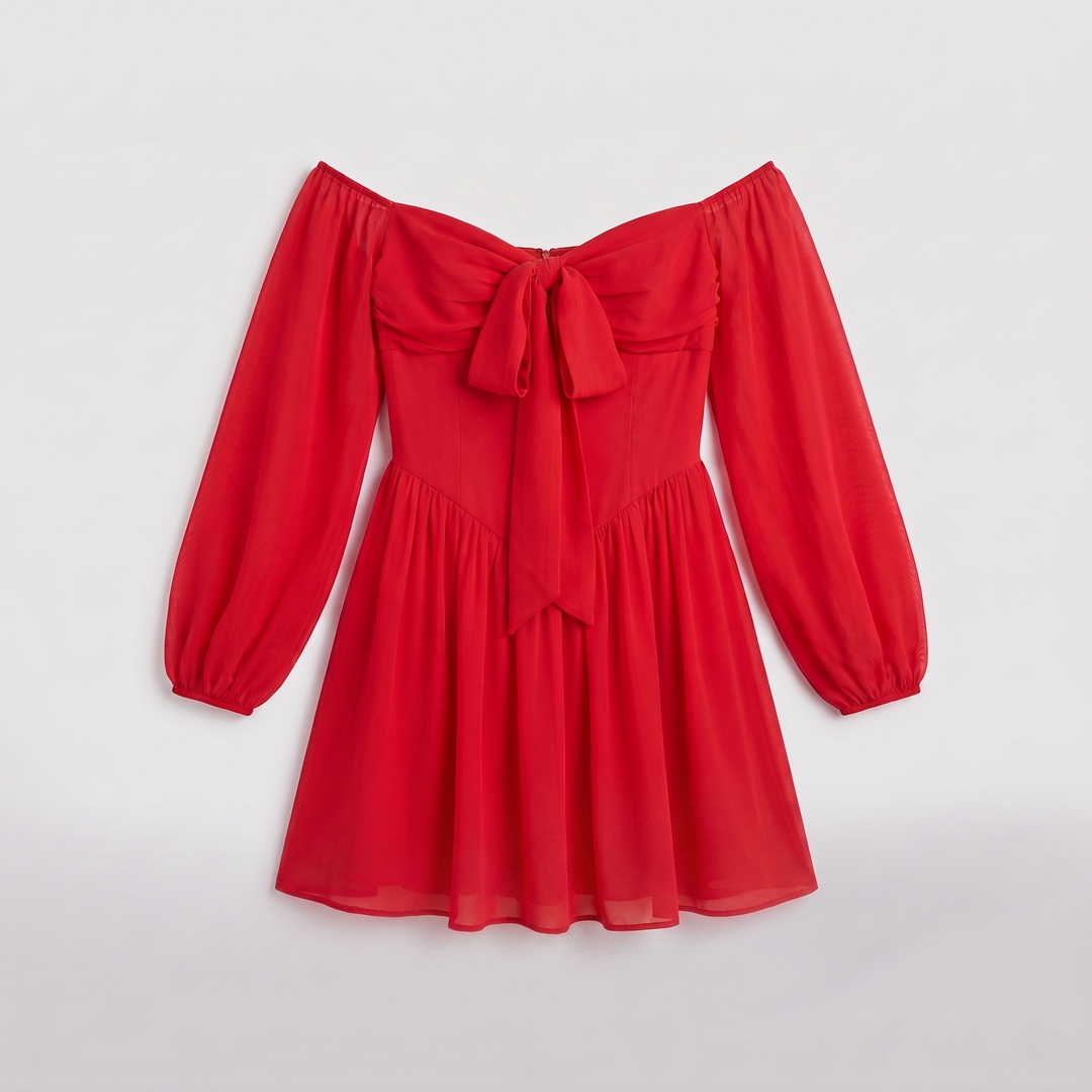 Scarlet Muse off-shoulder pleated mini dress in red, flat lay product shot