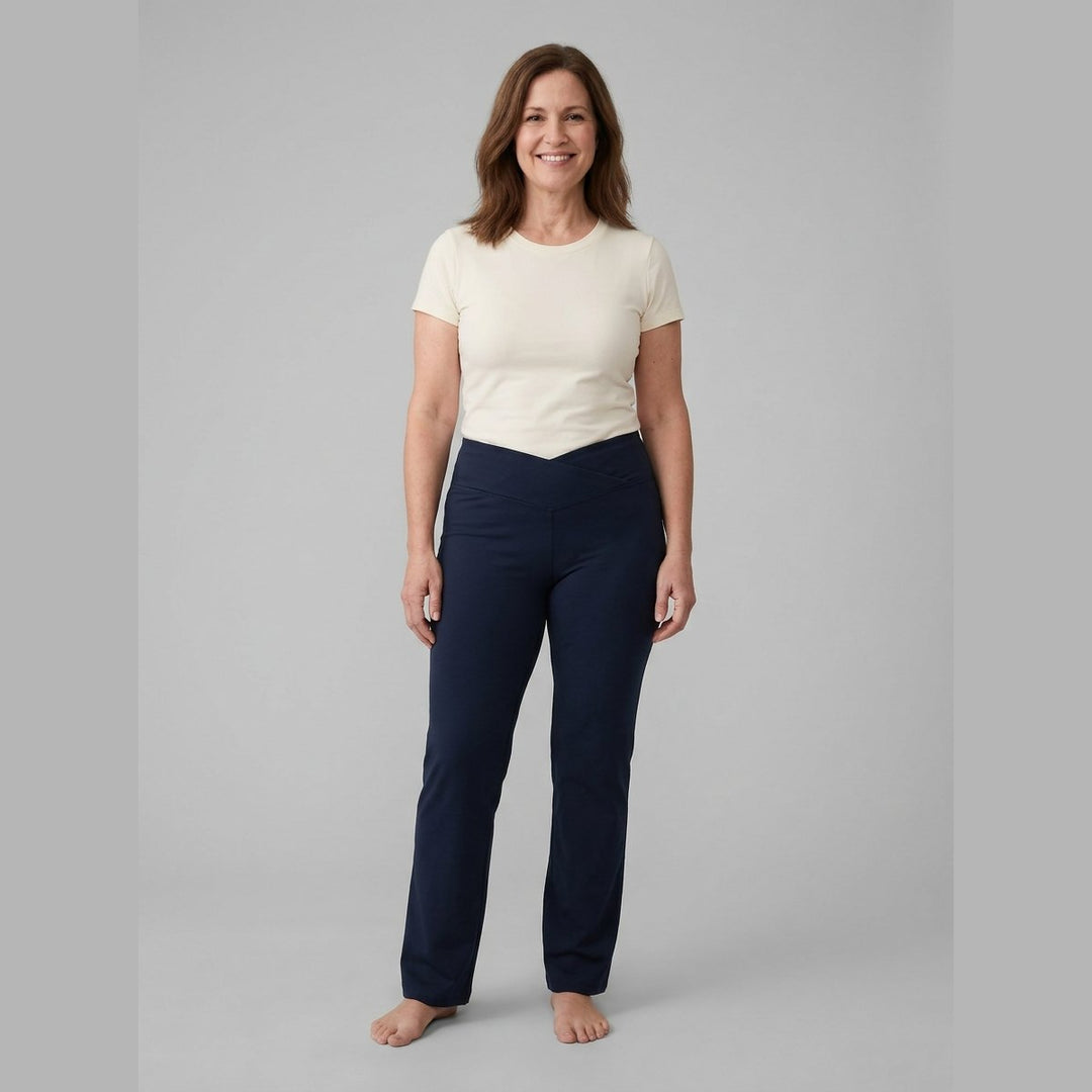 Sora midnight navy straight-leg yoga pants front view on model