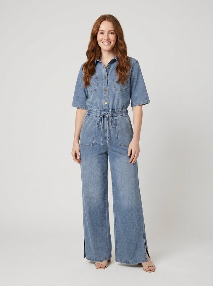 Aero denim wide-leg jumpsuit in blue, front
