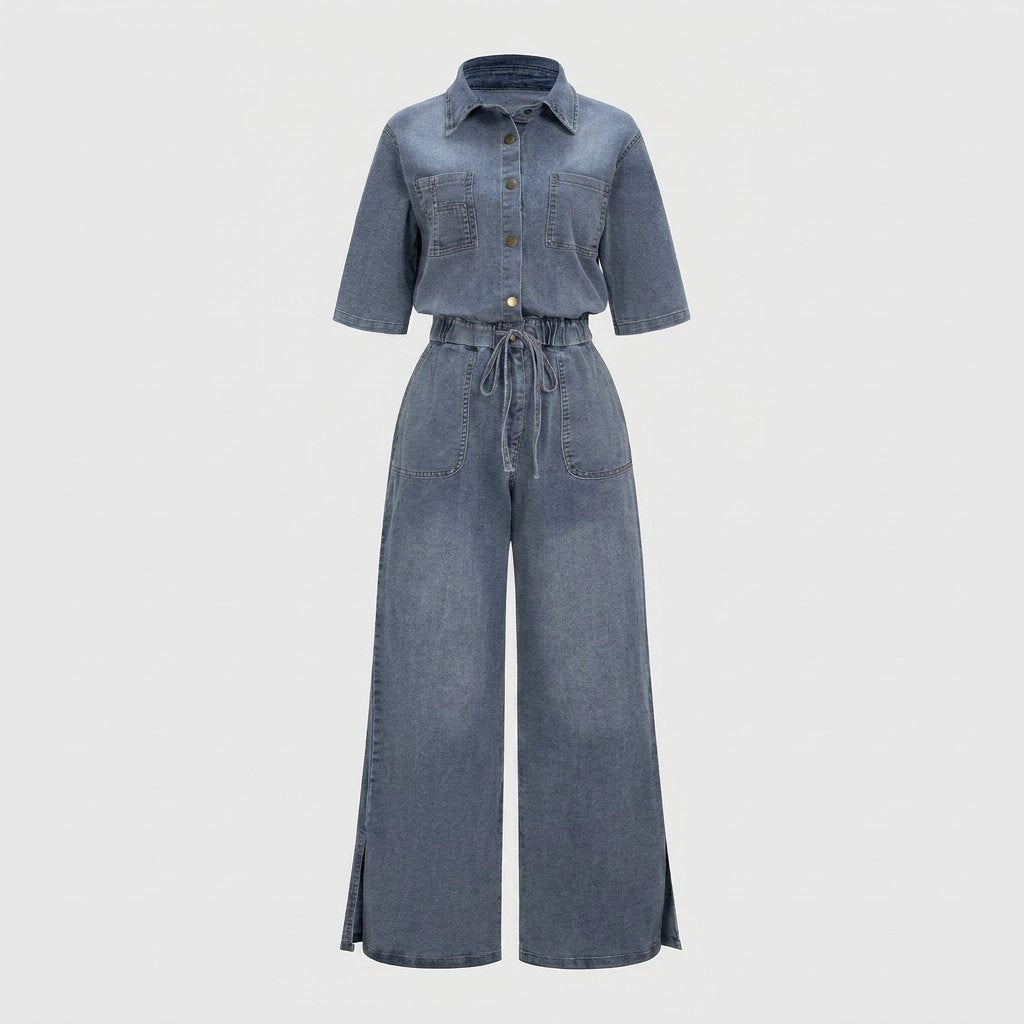 Aero denim wide-leg jumpsuit product flat lay