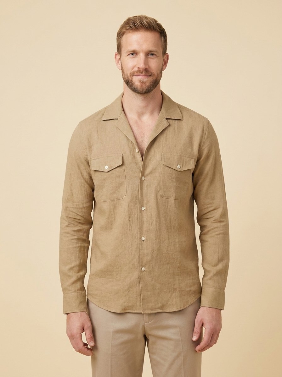 Affilato linen camp-collar shirt in beige