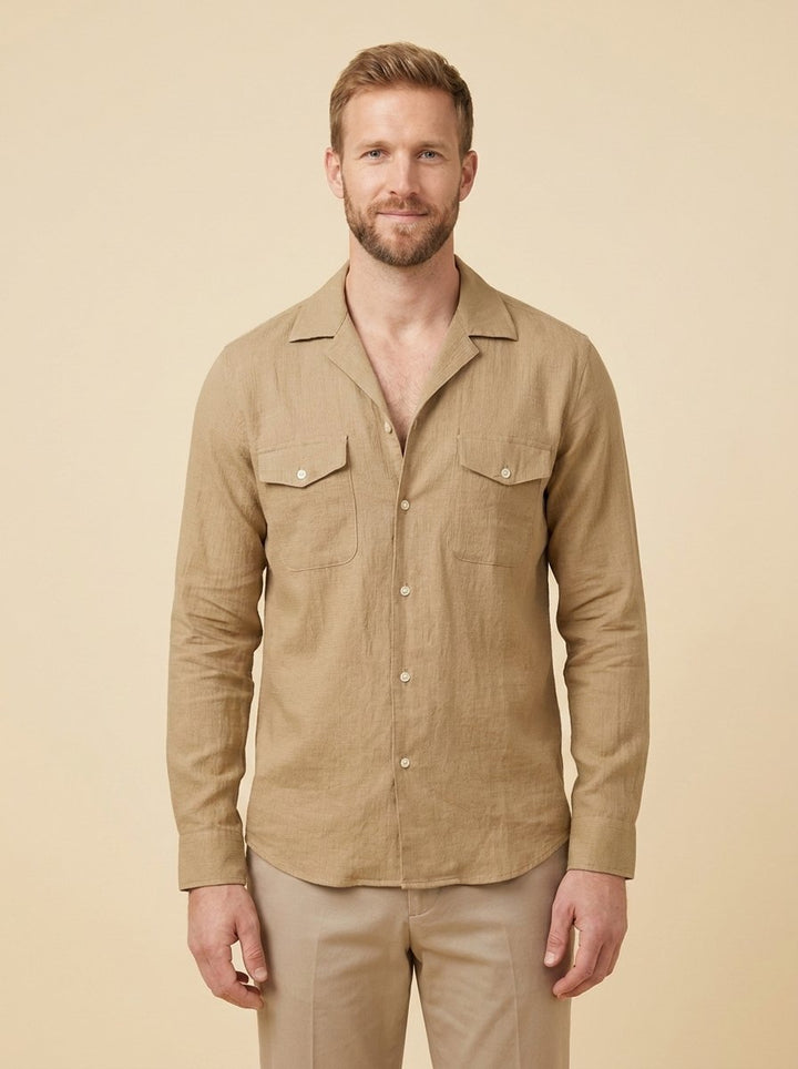 Affilato linen camp-collar shirt in beige