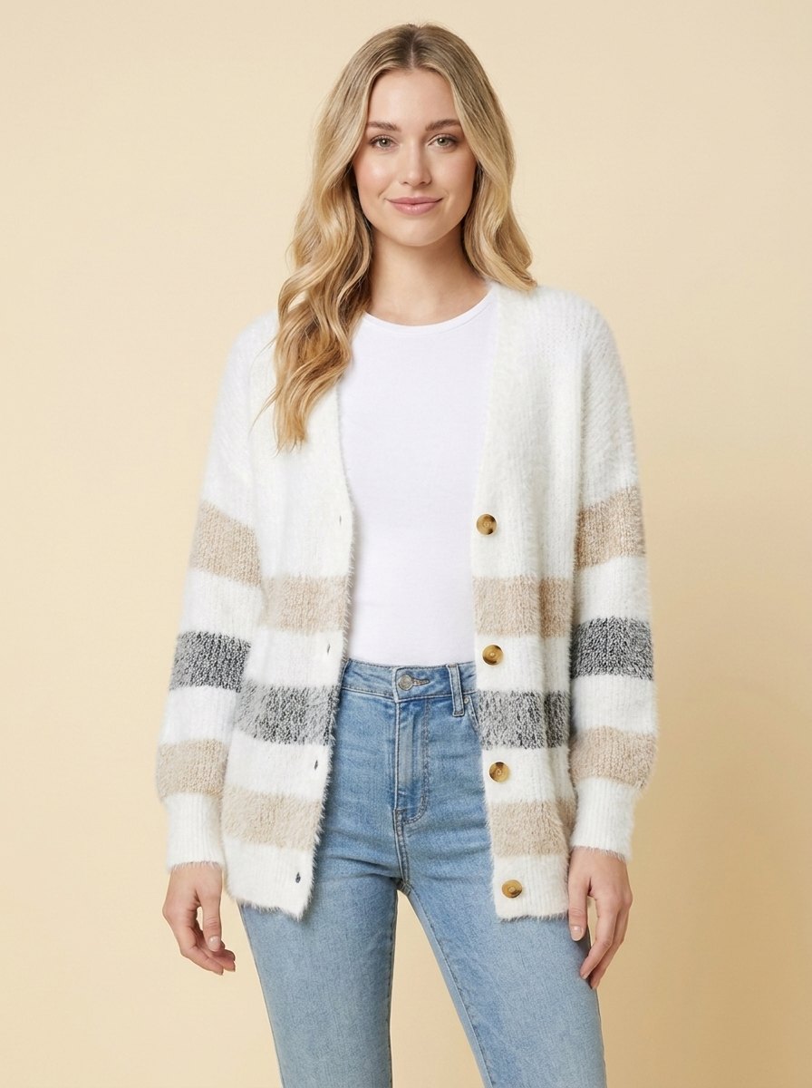 Alayah striped cardigan white beige front