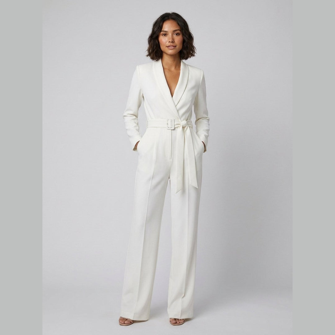 Alessandra ivory belted power jumpsuit on model front