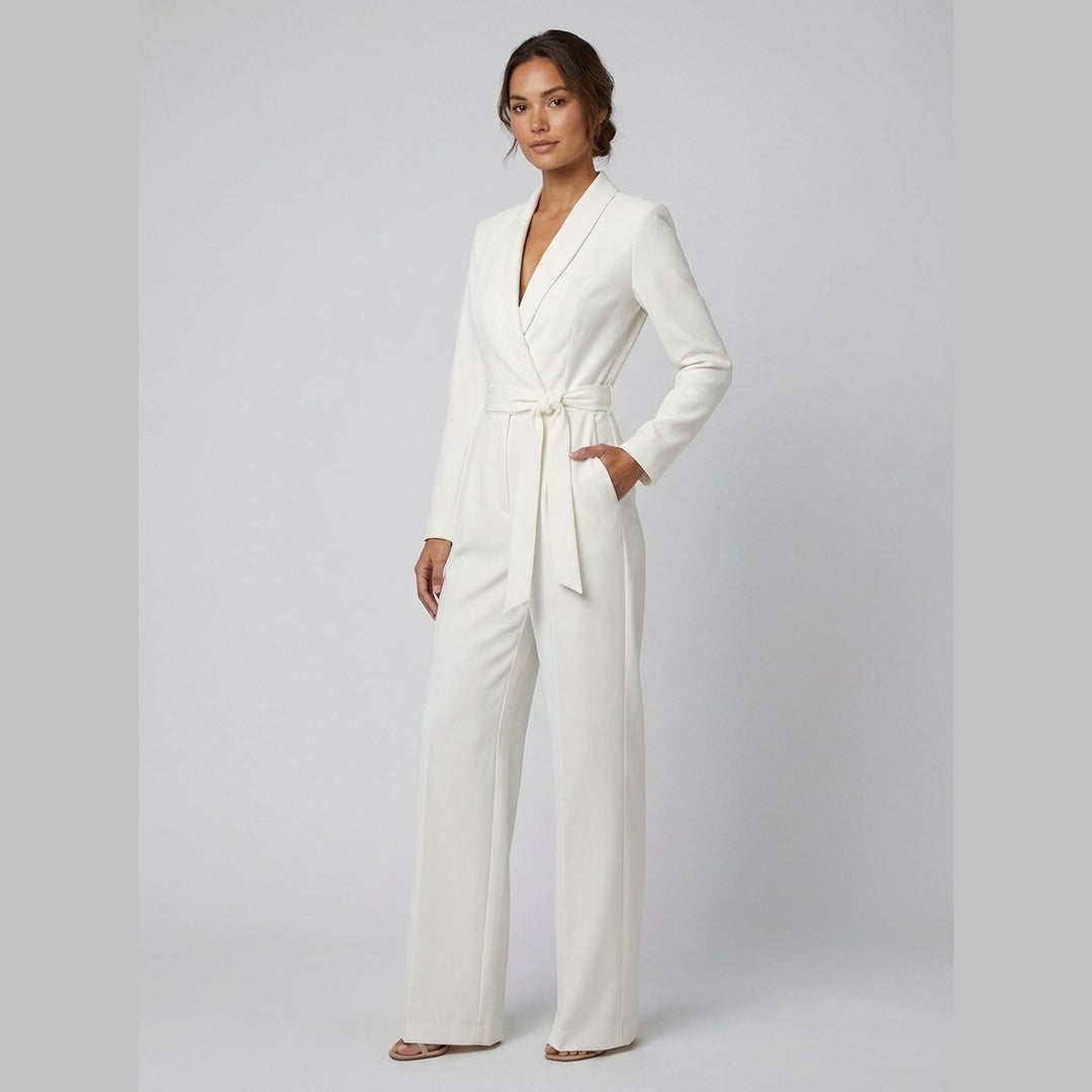 Alessandra ivory belted power jumpsuit on model side