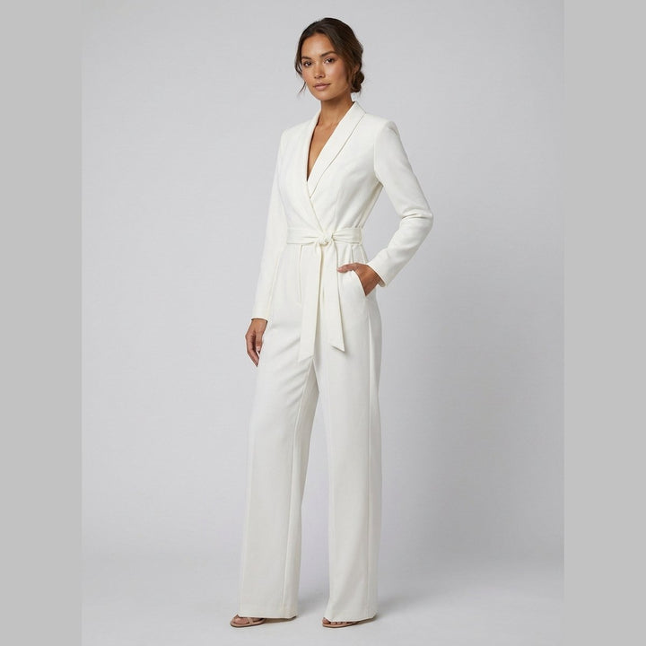 Alessandra ivory belted power jumpsuit on model side