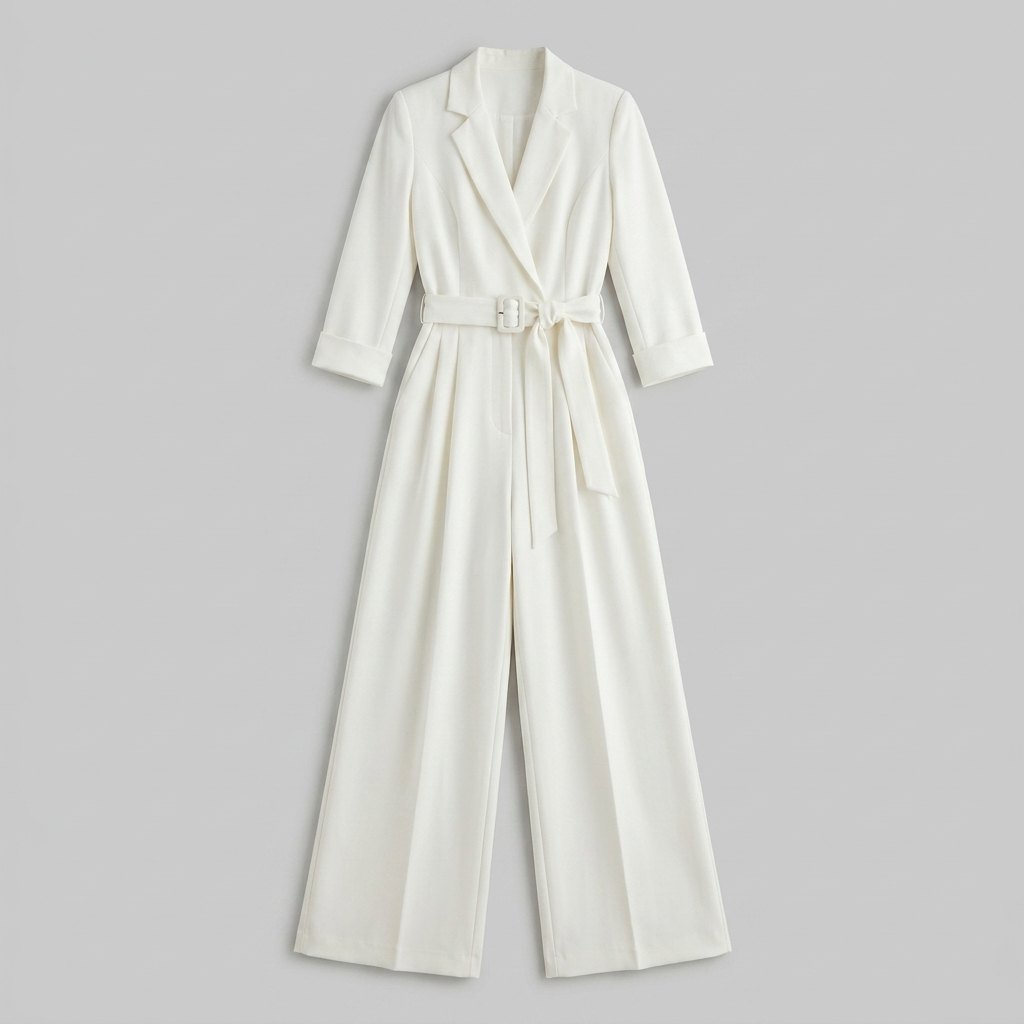 Alessandra ivory belted power jumpsuit product flat lay