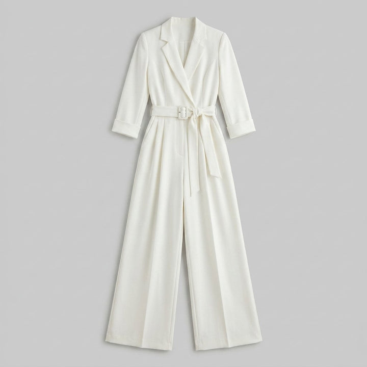 Alessandra ivory belted power jumpsuit product flat lay