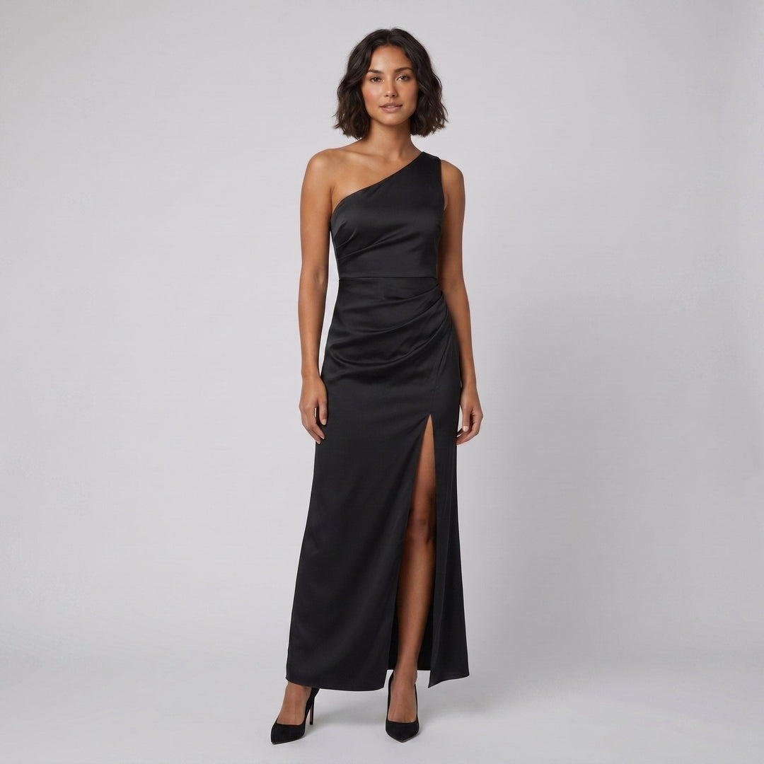 Alessandra black one-shoulder evening gown front on model
