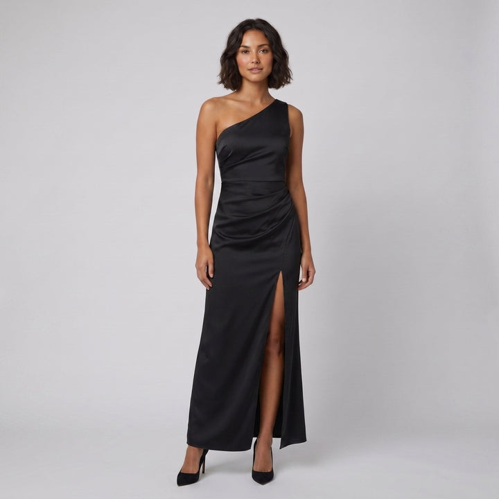 Alessandra black one-shoulder evening gown front on model