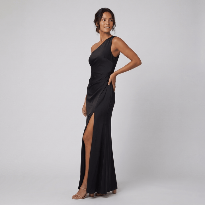 Alessandra one-shoulder black evening gown on model