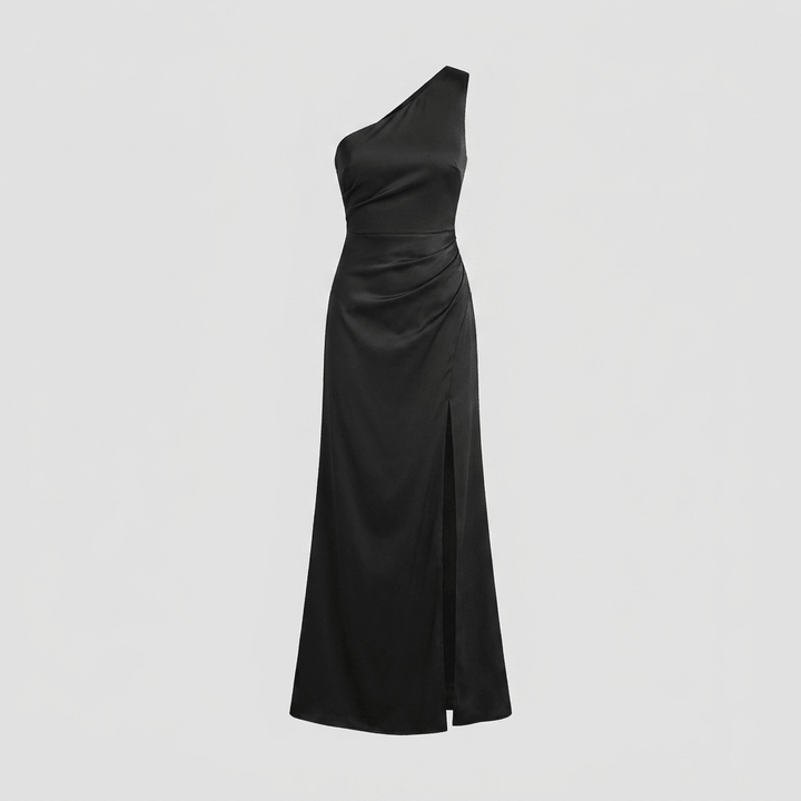 Alessandra one-shoulder black gown product flat-lay