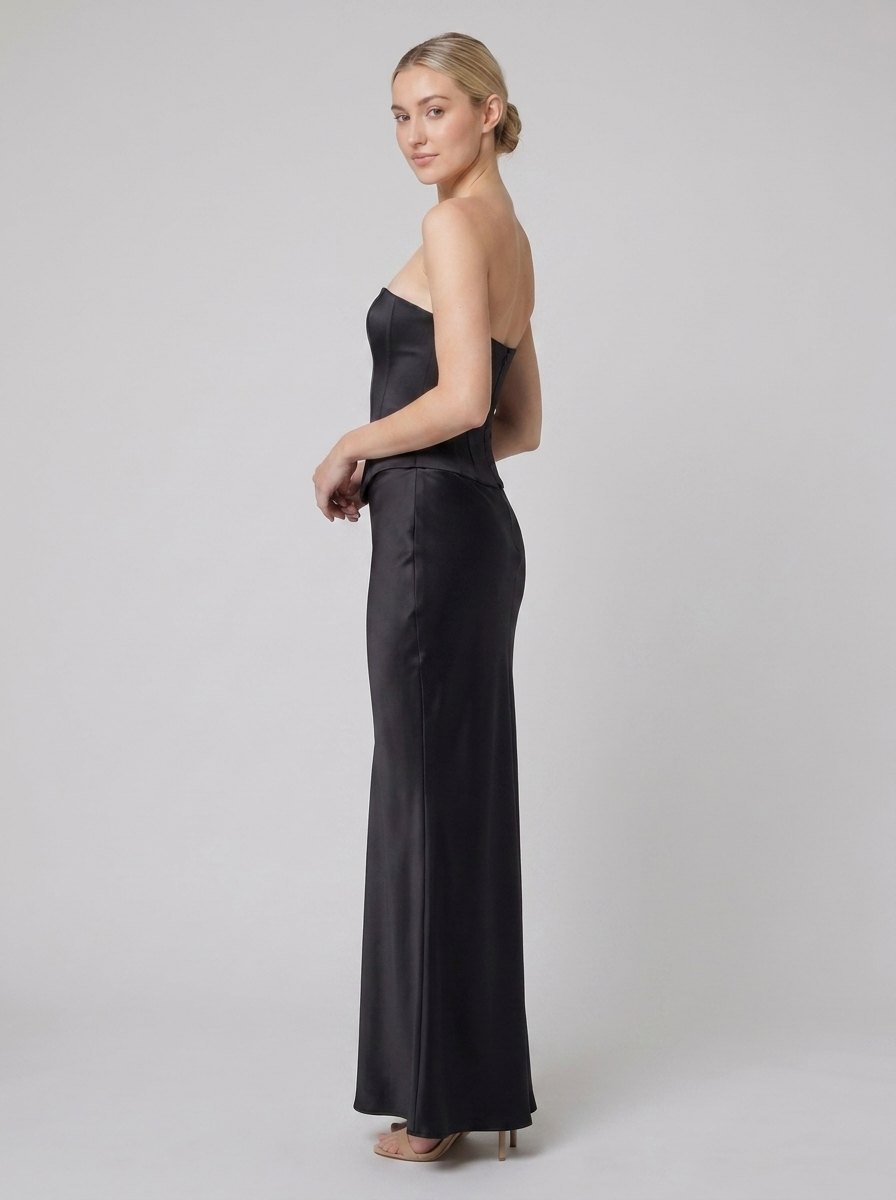Alva bias-cut satin maxi skirt three-quarter pose