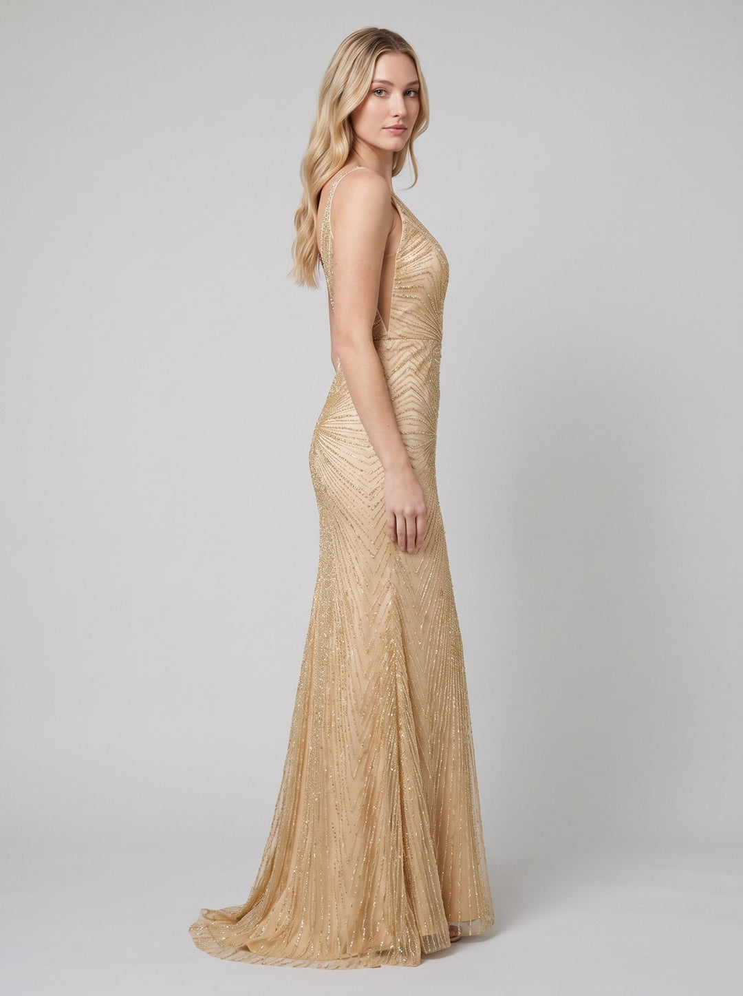 Amalia beaded evening gown champagne side view